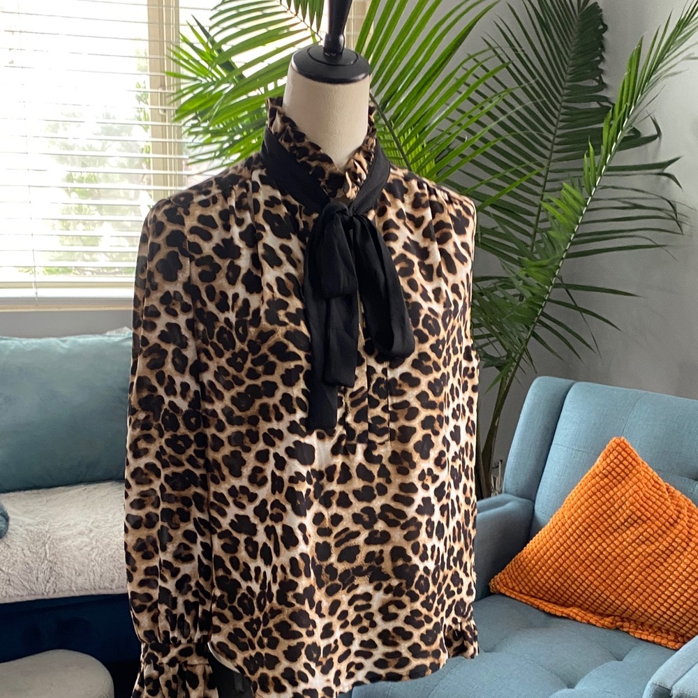 New York & Company Leopard Print Blouse with Black Bow